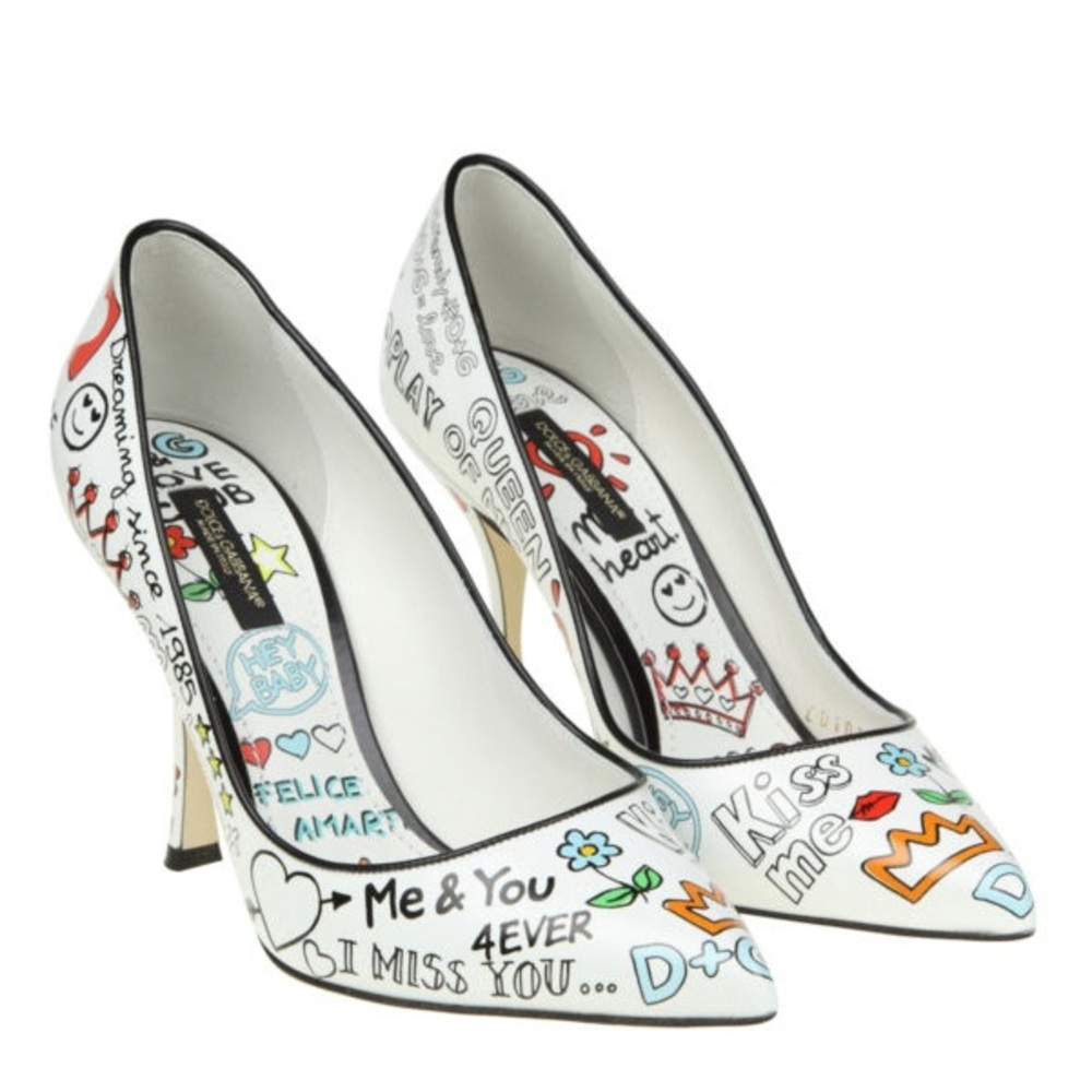 Dolce & Gabbana White Hand-Drawn Graphic Pointed-Toe Pumps